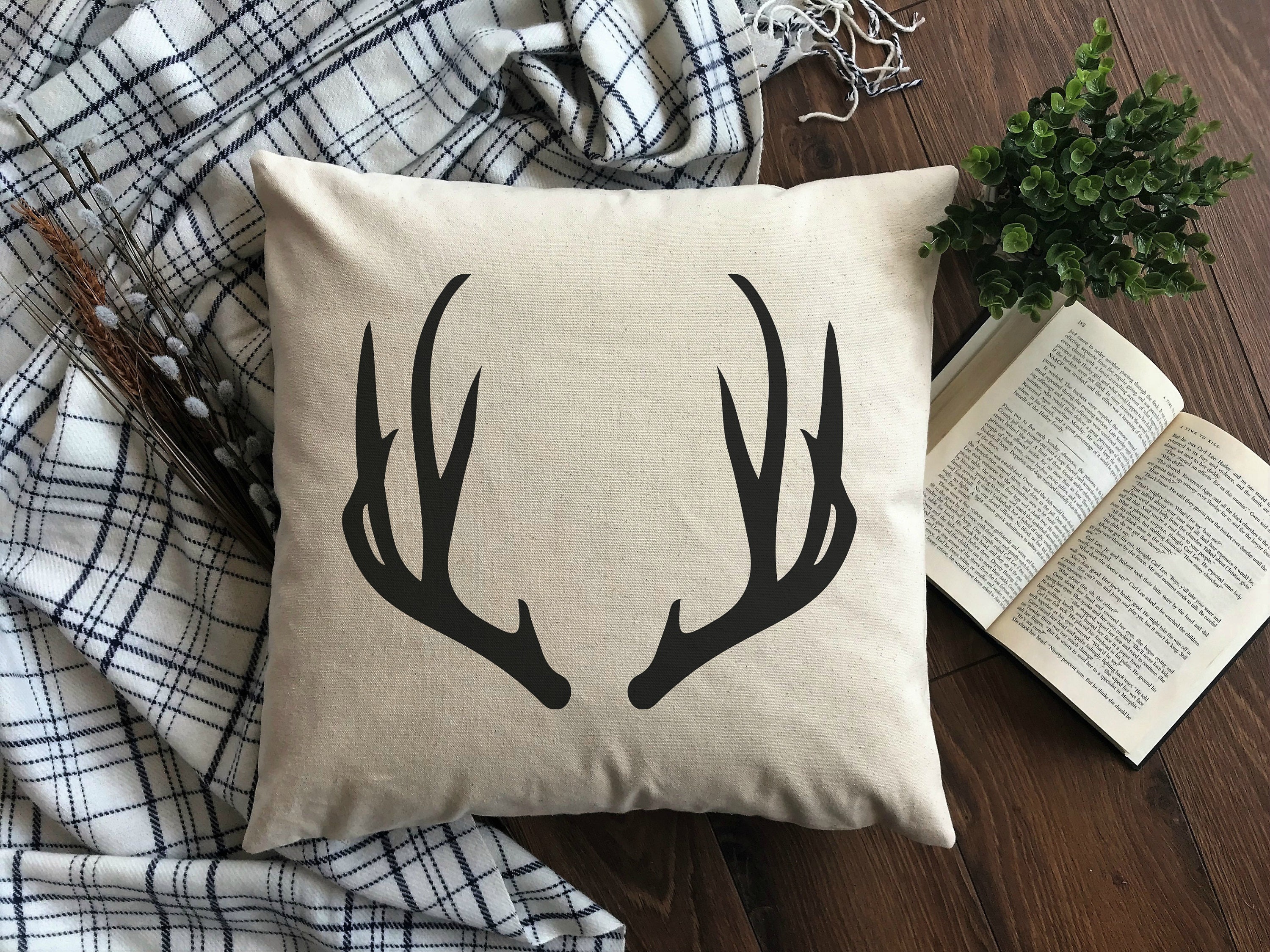 Elk Antler Burlap Pillow Cover. Elk Antler Pillow. Zipper