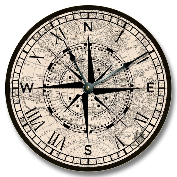 COMPASS ROSE Wall Clock - Old Map Pattern