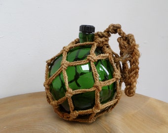 Vintage Gautier Cognac Green Glass 'Fishing Float' Brandy Bottle in Rope Net