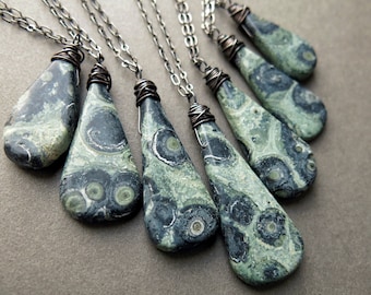 Raw Stone Necklace - Long Boho Necklace - Kambaba Jasper Necklace - Green Jasper Pendant - Raw Stone Jewelry - Boho Layering Necklace