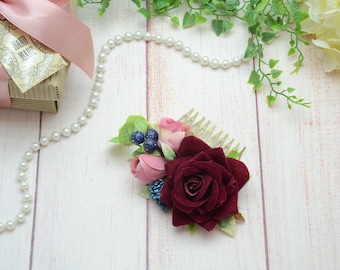 Burgundy blush flower comb, Maroon rose comb, bridal comb, Bridal hair accessory, Wedding flower comb, Bridal flower comb, Floral comb