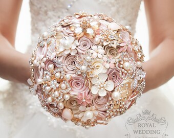 Cascade Fabric Brooch Bouquet Pink Ivory Brides Rose Gold Wedding Bouquet Broach Jewelry Bridesmaids Gift Flower Girl Bridal Brooch Bouquet