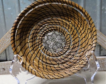 Black and Gold Pine Needle Basket Native American Pine Needle Coiled Basket Black and Gold Basket For Him Coiled Basket For Her Home Decor