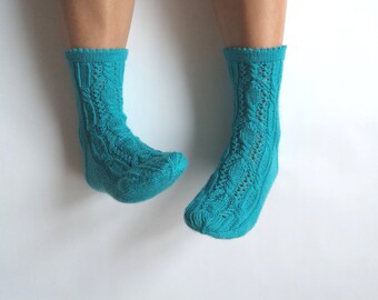 Luxurious hand knit wool socks. Intense turquoise. Autumn winter accessories. Made to order. Gift for her. Bed socks. Boudoir. House socks.
