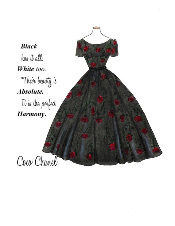 Vintage 1950 Dress Fashion Illustration Roses Black Retro