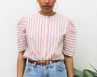 1980s White & Red Striped Smock Blouse Size UK 10, US 6, EU 38