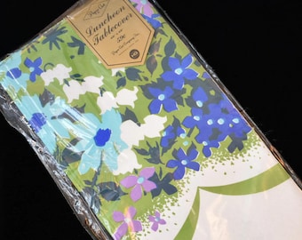 Vintage '70s Retro Floral Paper Tablecloth Luncheon Tablecover Funky Blue Green Purple Flower Power Paper Art Co 48x48