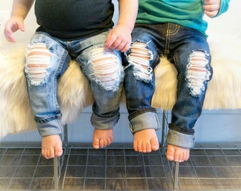 Signature skinny- boy&girl/toddler baby/ little boy/ little girl- hand distressed jeans/sizes 0-3M-14 kids