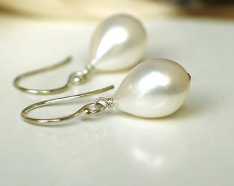 Teardrop Pearl Earrings | White Freshwater Drop Pearls | Sterling Silver Dangles | Birthday Gift | Bridal | Everyday Pearl | Ready to Ship