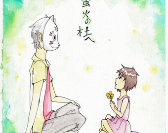 Hotarubi no Mori e movie fanart watercolor print from an original painting 7.5 in. x 7 in.