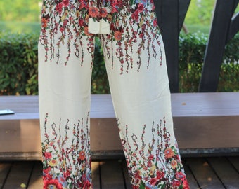 Womens Wide Leg Palazzo Pants Boho Clothing Bohochic GypsyStyle Flowers in White Trousers