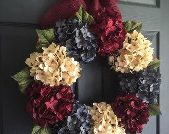 Patriotic Wreath | Americana Decor | 4th of July Wreath | Red, White, & Blue Wreath | Summer Wreath | Front Door Wreaths | Hydrangea Wreath