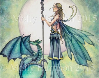 Aquamarine Dragon - Fairy and Dragon Fantasy Art - Watercolor Fine Art Print 12 x 16 inch