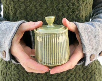 Ceramic Mini Jar in Jade Green Stripes Weed Pot Container Vessel One of a Kind Home Decor, Handmade Artisan Pottery by Licia Lucas Pfadt