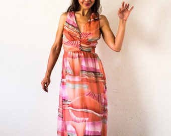 70s Painted Sky Maxi Dress/// size Small-Med