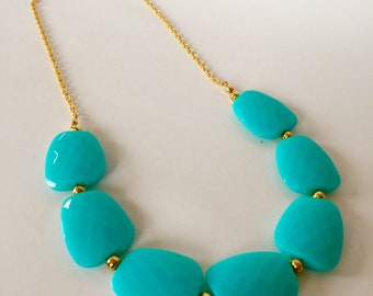 Pool Blue and Gold Chunky Statement Necklace