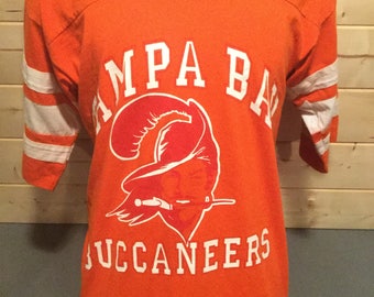Vintage 1980's Tampa Bay Bucaneers Original Logo Football 50/50 Jersey T-Shirt Thin and Soft Made in USA