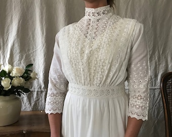 Edwardian White Cotton Lace Dress, Antique Summer Day Tea Sun Dress