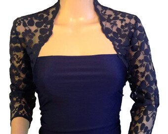 Ladies Navy Lace Shrug/Bolero 3/4 or Short Sleeve in Sizes UK 8,10,12,16 or 18