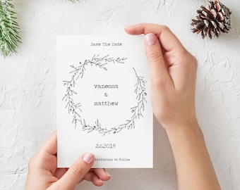 Romantic Winter Save The Date Card, Printable Save The Date Card, Custom Invitation, White, Winter Wreath, Download, Digital Print