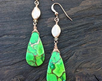 Green turquoise earrings on rose gold
