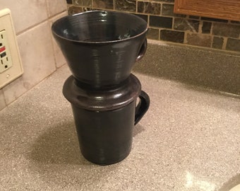 Handmade stoneware coffee pour over and mug set in dark blue
