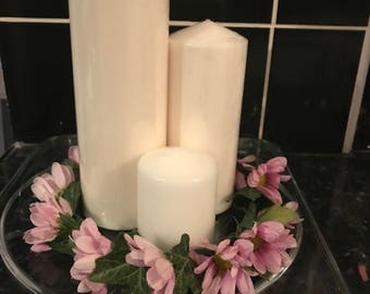 Set of three Ivory Candles with Flowers