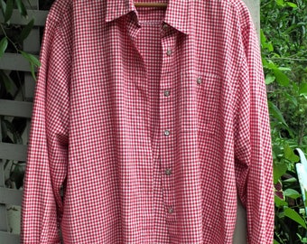 Women's Large Shirt/ Red and White Check Shirt/ Cowgirl Chic/ Thrifted Couture/ Farmhouse Chic/ Retro Clothing/ Shabbyfab/Thrifted Funwear
