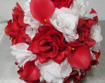 Red White Rose Calla Lily Bridal Wedding Bouquet & Boutonniere