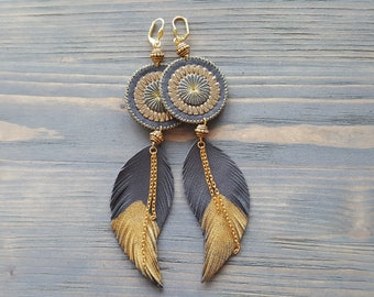 Grey leather earrings. Feather earrings. Long boho earrings. Bohemian tribal earrings. Leather feather earrings. Bohemian leather jewelry.