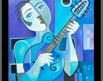 Cubist Painting Abstract Original Oil canvas Modern Art Mandolinist Marlina Vera Fine Art Gallery Picasso Style Artwork modernist Cubism