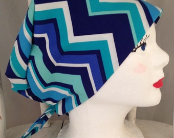 Scrub Hat Tie Back Pixie Style Designer Michael Miller's Blue Chevrons on White