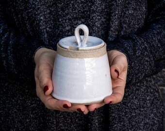 White Pottery Sugar Bowl, Ceramic Lidded Container, Honey Pot Jar, Kitchen Storage Gift, Pottery Jar, Wheel Thrown Pottery, Stoneware Gift