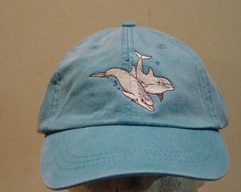 TWO DOLPHINS HAT - One Embroidered Wildlife Cap - Price Embroidery Apparel - 24 Color Caps Available