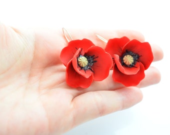 Red poppies earrings, sterling silver wire hooks