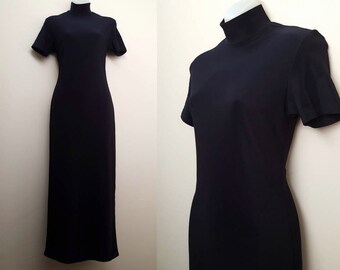 Vintage Mock Neck Dress / 90s Black Tight Short Sleeved Mock Neck Dress