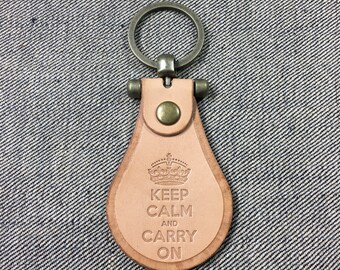 Keep Calm and Carry Series Customised Leather Key Chain, with Embossed Artwork