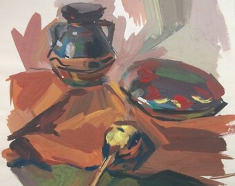 Original painting, Vintage gouache Still-life- Original Home Decor