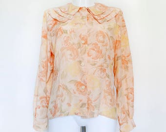 Vintage Beige Orange Floral Print Blouse-Soft Pink romantic viscose blouse-Viscose Blouse-Long Sleeves-Soft Pink