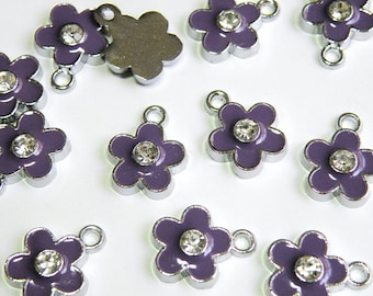 10 Cute Purple enamel flower charm with rhinestone center silver finish 16x12mm DB22019P