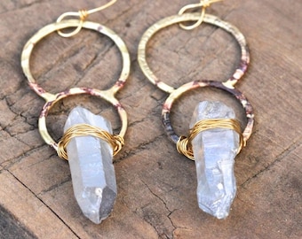 Circle Earrings Raw Crystal Earrings Hammered Brass Earrings Quartz Crystal Earrings Blue Crystal Earrings Big Earrings Unique Earrings