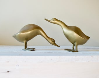 Set of Two Vintage Brass Ducks || Pair of Brass Figurines