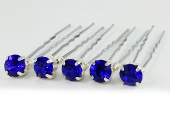 Sapphire Blue Rhinestone Hair Pins - Sapphire Crystal Hair Pins, Sapphire Jeweled Hair Pins, Blue Wedding Hair Pins - 7mm/5 qty
