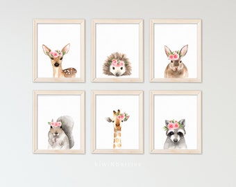Woodland nursery decor - Baby girl nursery - Printable wall art - Woodland animals - Blush pink flower, Animal print set, Woodland prints
