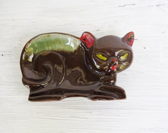 Cat Trinket Dish or Figurine- Brown and Green Cat Dish- 5 1/2"
