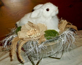 Easter Table Decor, Bunny, Rabbit, Spring Decor, Vintage Fruit Strainer, Bunny Nest, Easter Centerpiece
