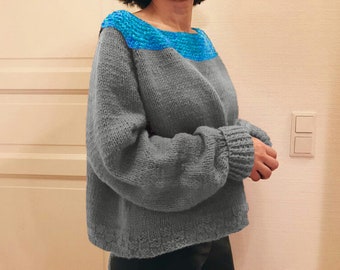 oversized 100% wool hand knitted grey turquoise