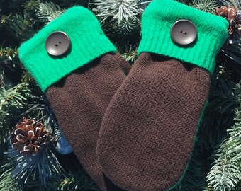 Small Sweater Mittens, Recycled Sweater Mittens, Brown Mittens, Brown and Green Recycled Sweater Mittens - RSM00078