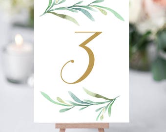 Greenery wedding table numbers template, printable reception table number - 5x7 inches and 4x6". DIY number cards. Edit in WORD or PAGES
