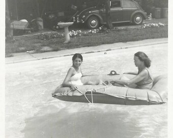 Vintage Snapshot "Lazy Days Of Summer" Pool Float Raft Swimsuits VW Beetle Found Vernacular Photo